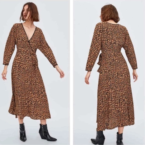 Zara Dresses & Skirts - Zara Leopard Print Wrap Midi Dress Size Small Mob Wife Maximalist Animal Brunch